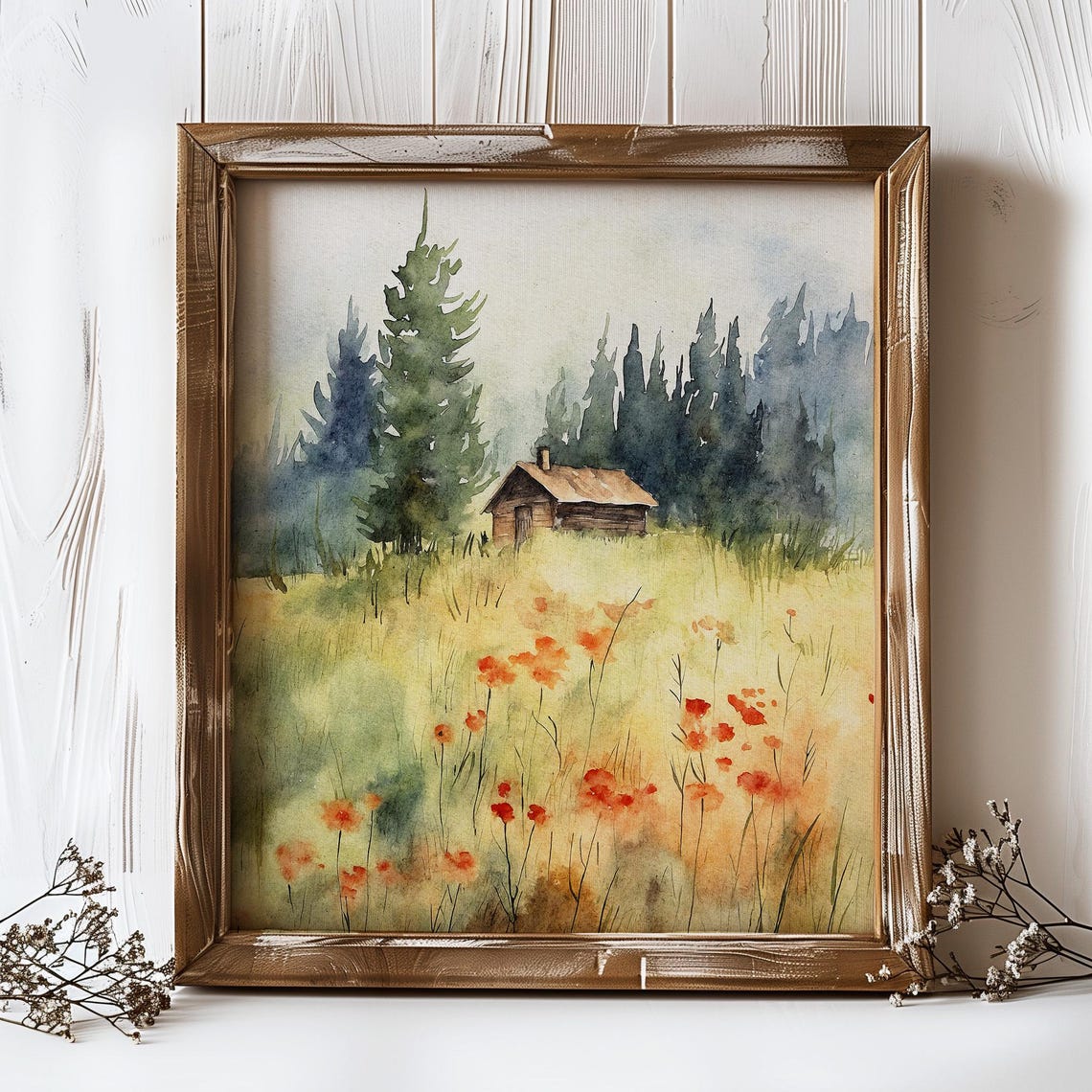 Forest Cabin Meadow Orange Poppies Pine Trees Watercolor Scenic Poster - Image 4