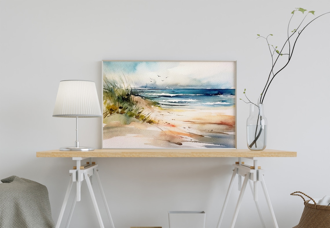 Sand Beach Watercolor Seascape, Ocean Beach Art Print - Image 4