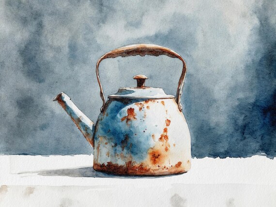 Rustic Blue Enamel Teapot Vintage Watercolor Still Life Poster