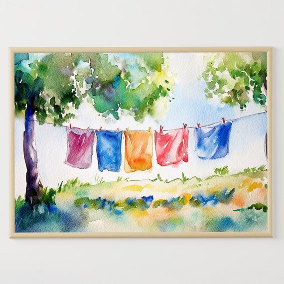 Laundry Day Watercolor Print, Farmhouse Wall Art