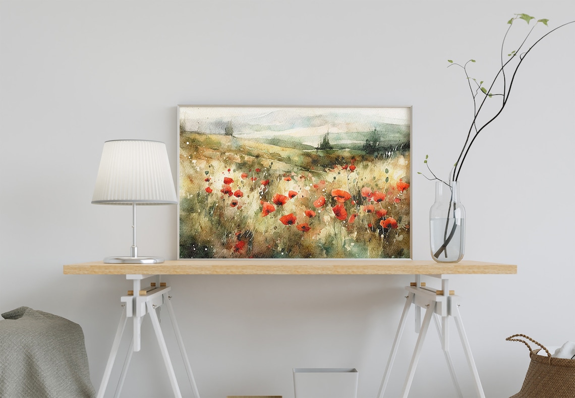 Tuscany Poppy Field Watercolor Landscape Art Print - Image 3