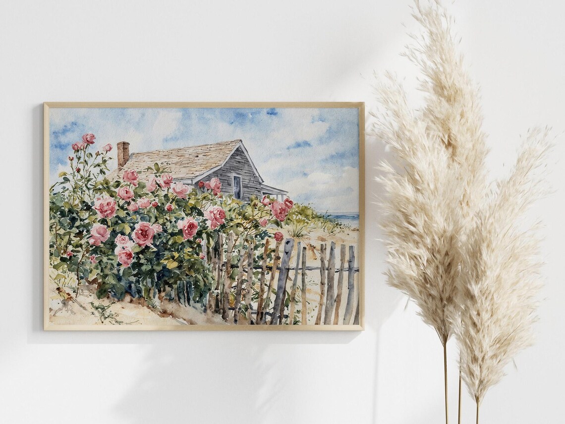 Beach House Watercolor Print, Cape Cod Roses Garden - Image 3