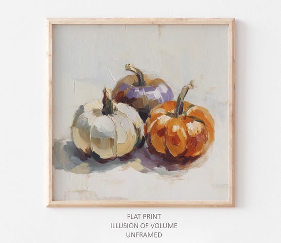 Three Pumpkins Oil Painting Autumn Harvest Still Life Wall Art