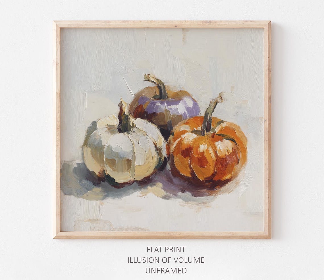 Three Pumpkins Oil Painting Autumn Harvest Still Life Wall Art