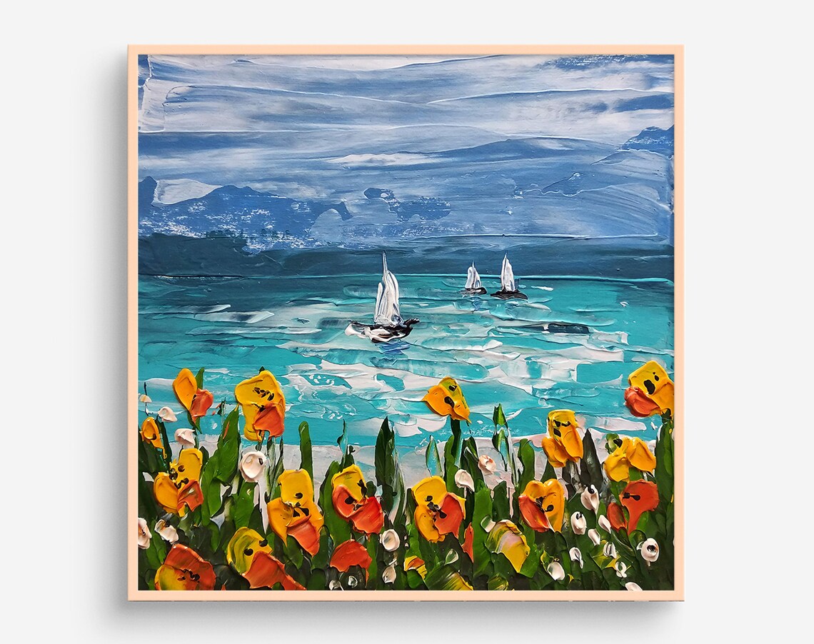California Poppy Seascape Art Print, California Coast