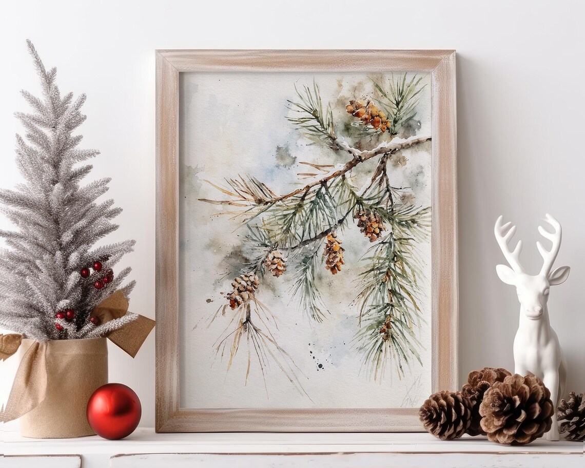 Pine Branch and Pine Cone Watercolor Art Print - Image 4