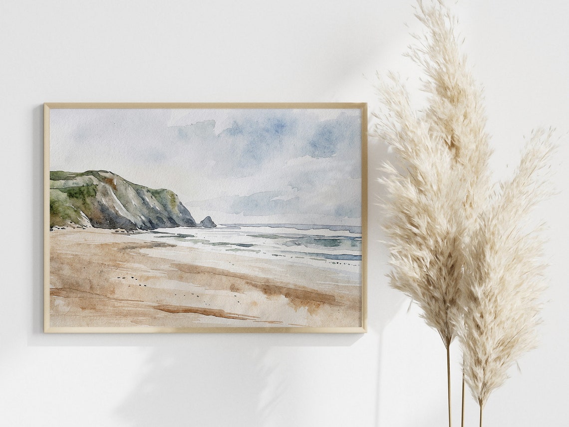 Cornwall England Sandy Beach Cliffs Neutral Seascape Art Poster - Image 3