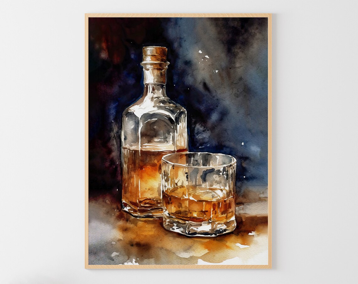 Whiskey Bottle Watercolor, Old Fashioned Bar Art Print