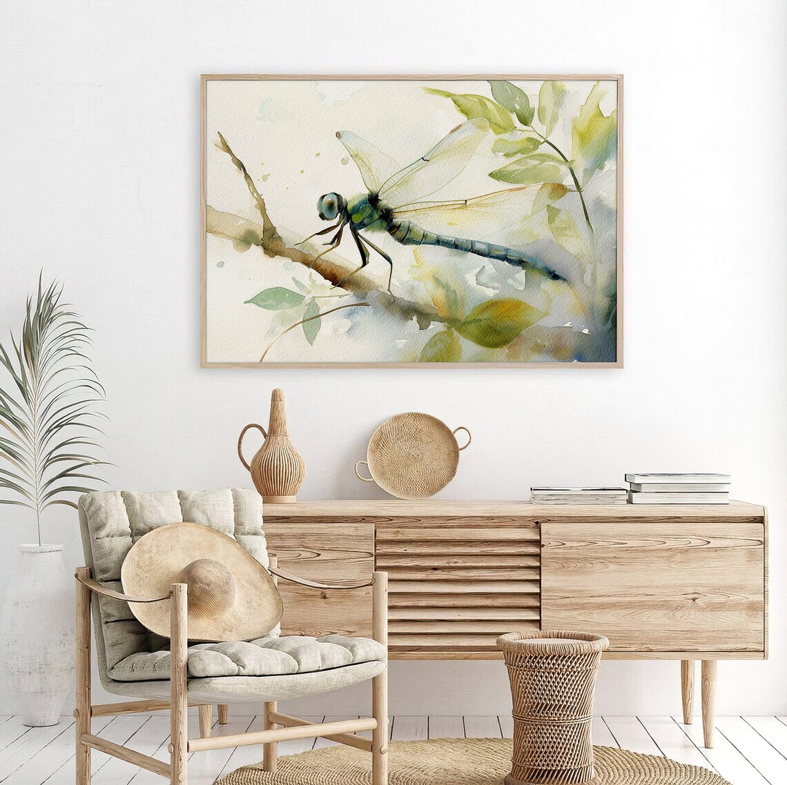 Dragonfly Watercolor Painting on Green Leaves Delicate Insect Nature Art Poster - Image 4