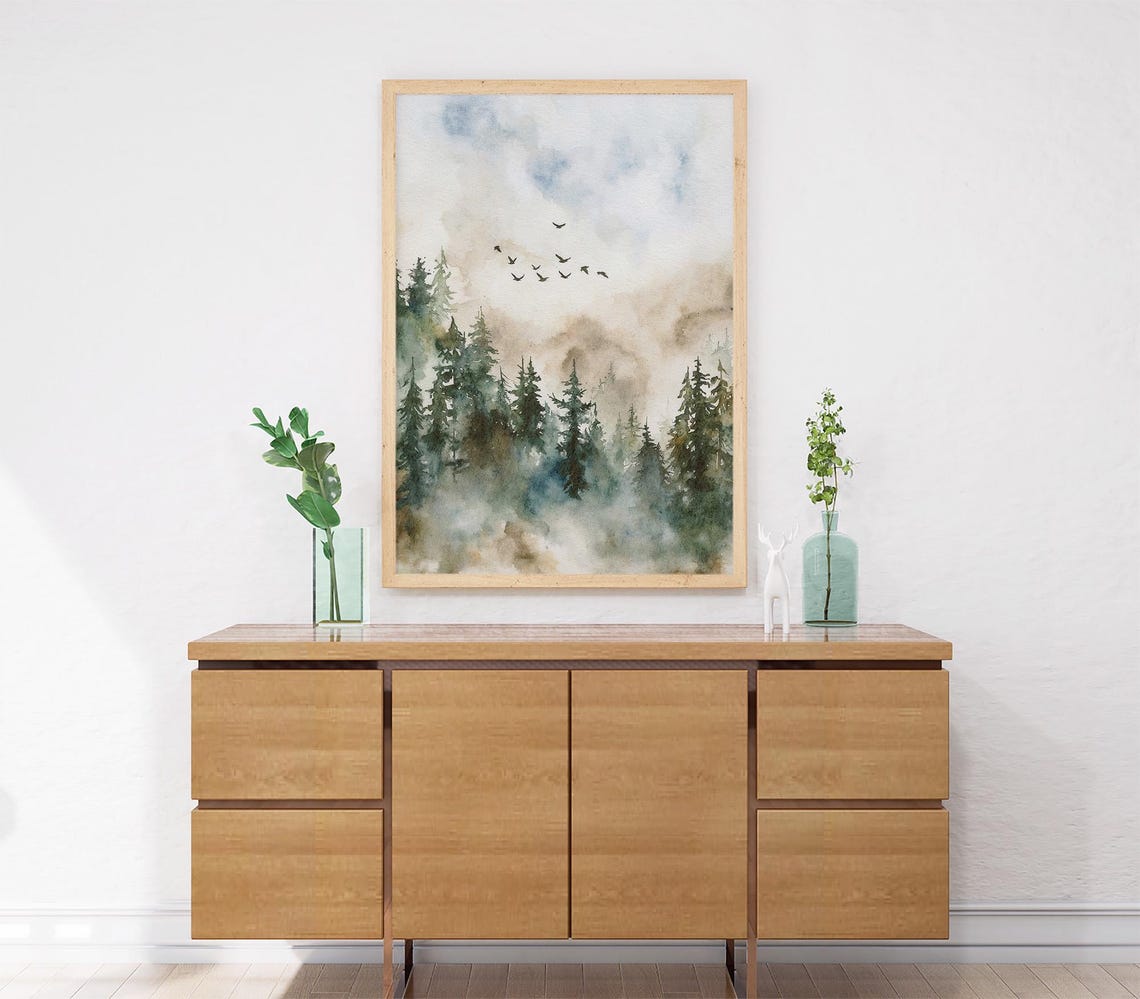 Misty Evergreen Forest Flying Birds Foggy Pine Watercolor Art Poster - Image 2