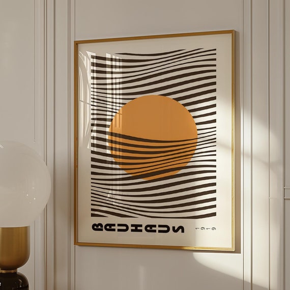 Modern Op Art Print Bold Abstract Wall Art Orange Circle Poster Minimalist Mid Century Decor Wavy Line Art Print For Living Room Bedroom