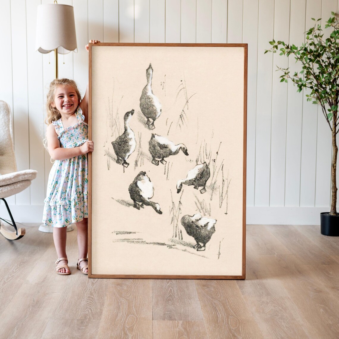 Vintage Geese Flock Charcoal Sketch Nursery Animal Art Poster
