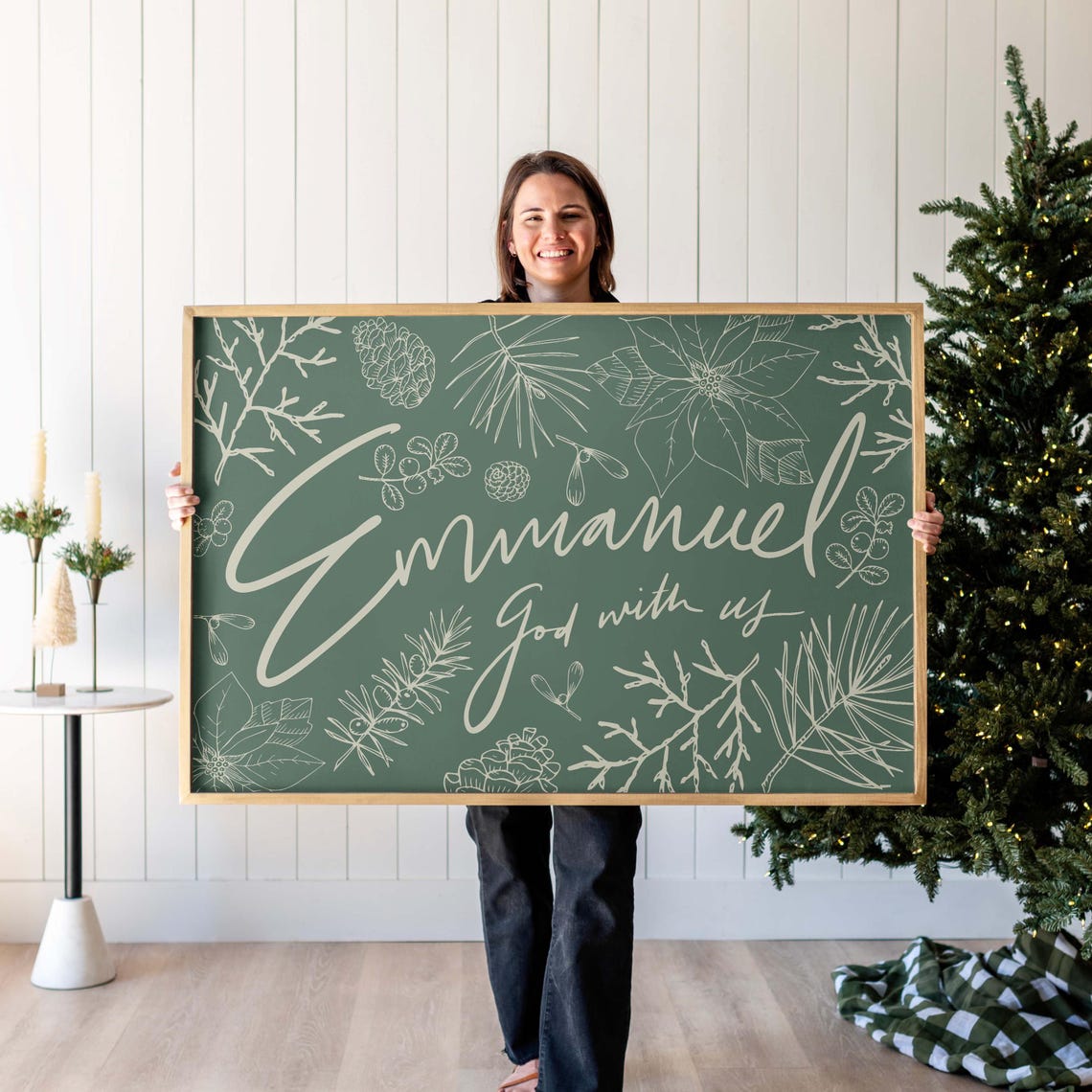 Emmanuel God With Us Christmas Botanical Script Sign Art Poster