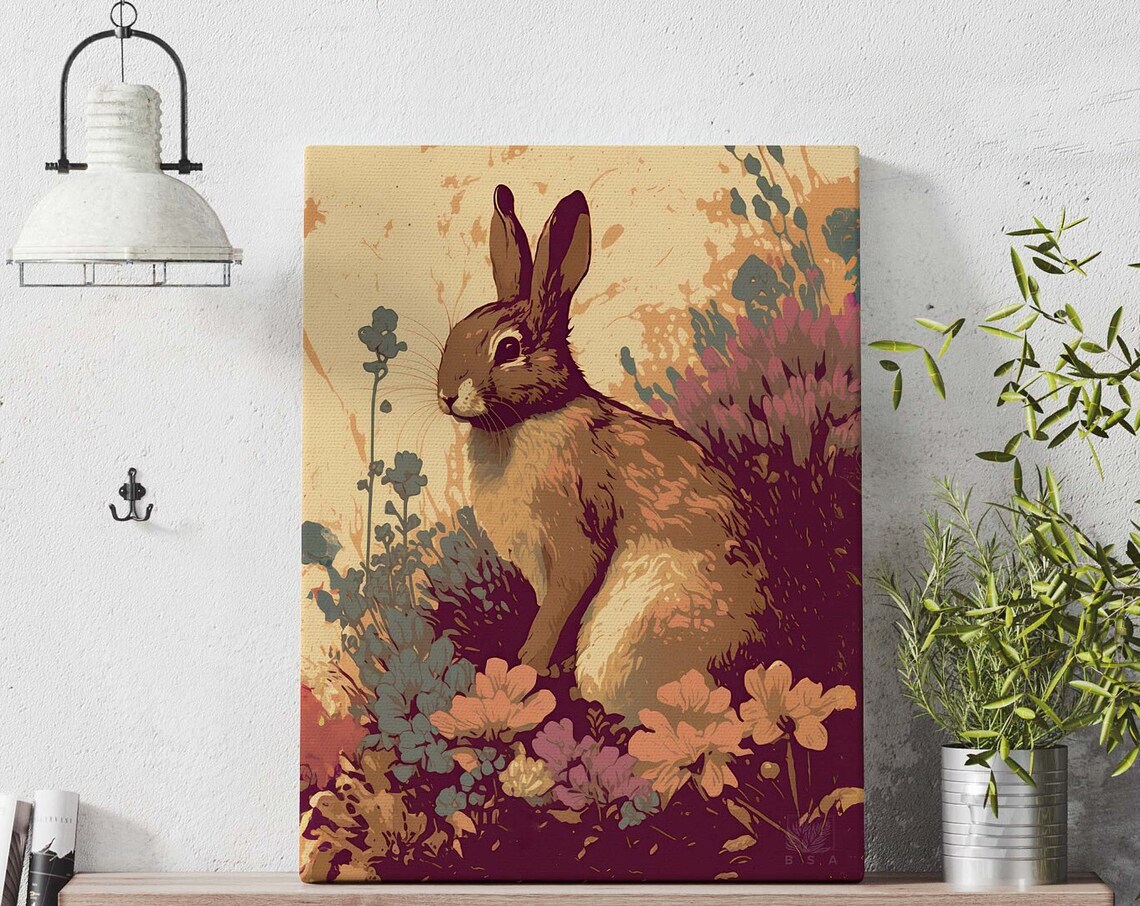 Rabbit Among Twilight Garden Flowers Cozy Wildlife Art Poster - Image 3