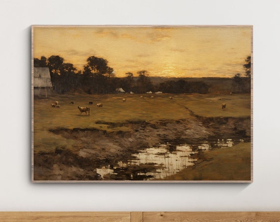 Vintage Moody River Landscape Dark Scenery Oil Painting Rustic Farmhouse Print European Farmhouse Scene Moody Pastoral Art