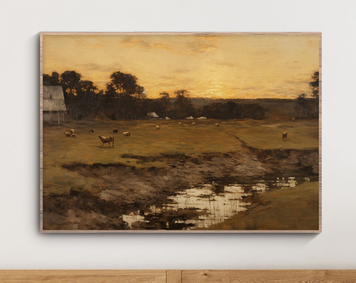 Vintage Moody River Landscape Dark Scenery Oil Painting Rustic Farmhouse Print European Farmhouse Scene Moody Pastoral Art