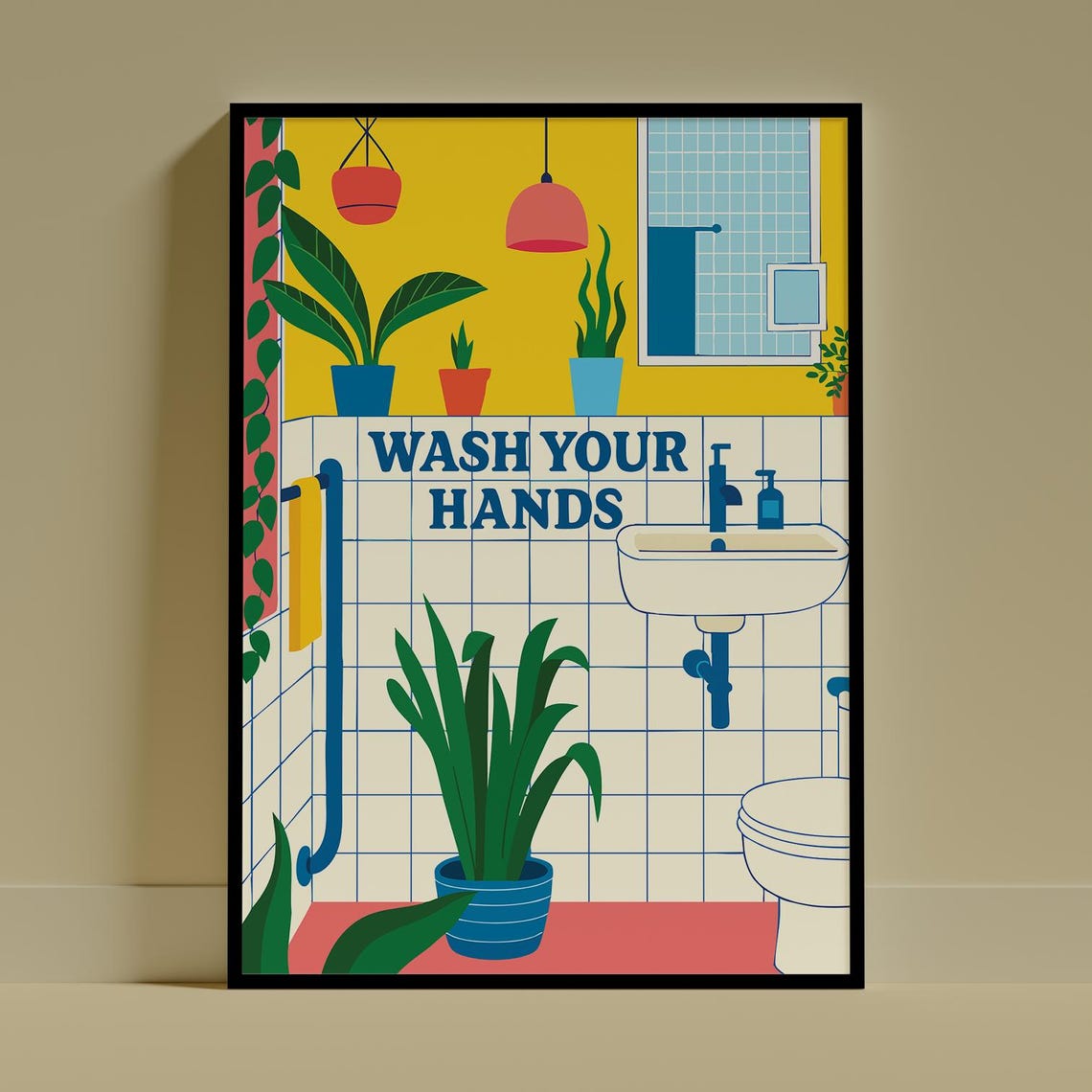 Wash Your Hands Colorful Bathroom Sink Plants Fun Wall Poster