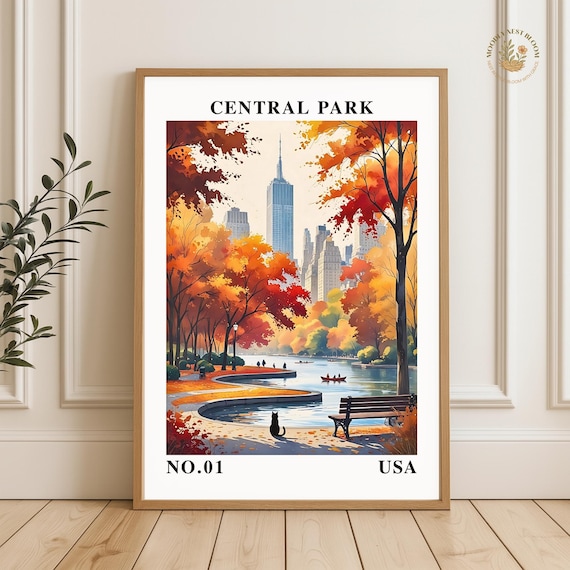 Central Park Autumn Travel Art NYC Fall Leaves Cat Art Print