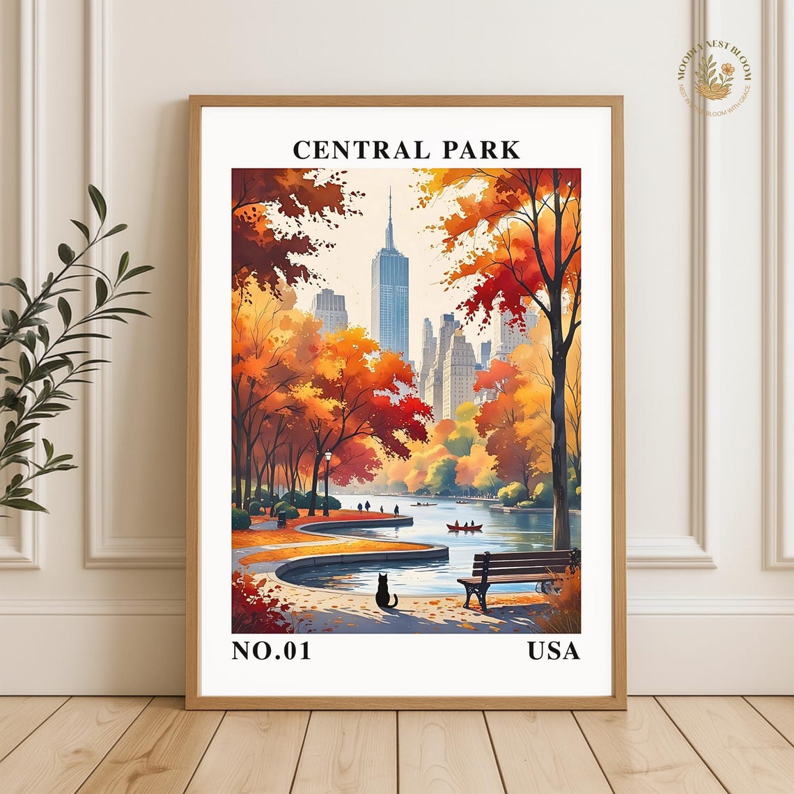 Central Park Autumn Travel Art NYC Fall Leaves Cat Art Print