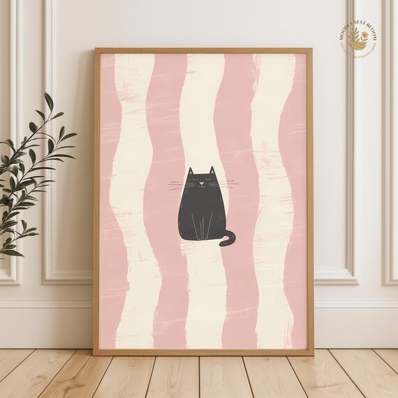 Minimalist Black Cat on Pink Stripes Cute Nursery Animal Print