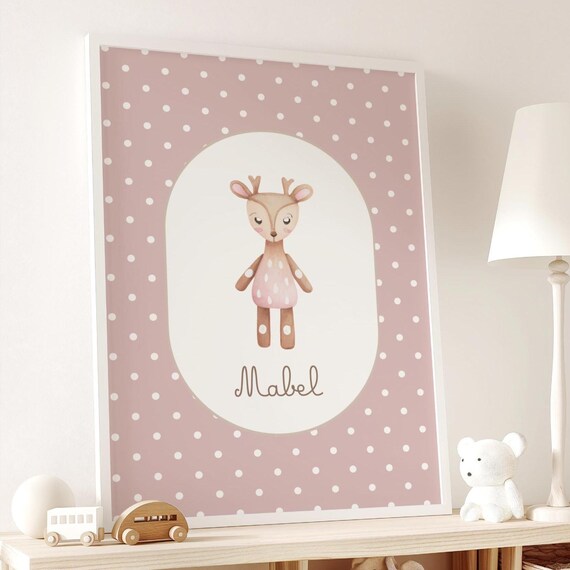 Mabel Personalized Deer Polka Dot Baby Girl Nursery Name Poster
