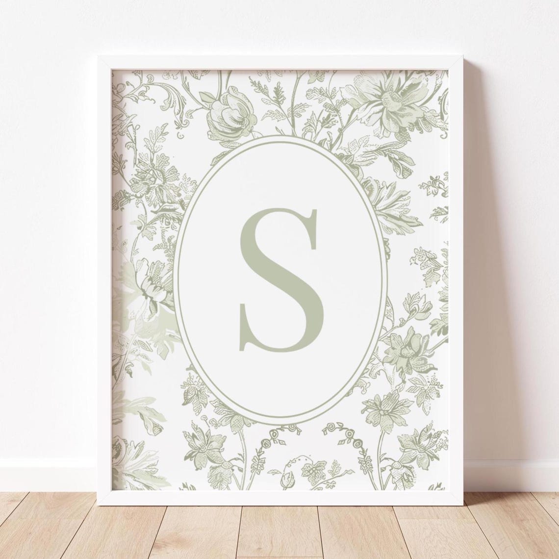 Sage Green Toile Letter S Nursery Art Print Floral Initial Wall Decor