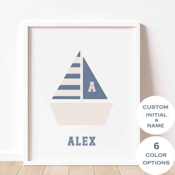 Custom Name Sailboat Poster Nautical Boy Nursery Blue Initial Decor
