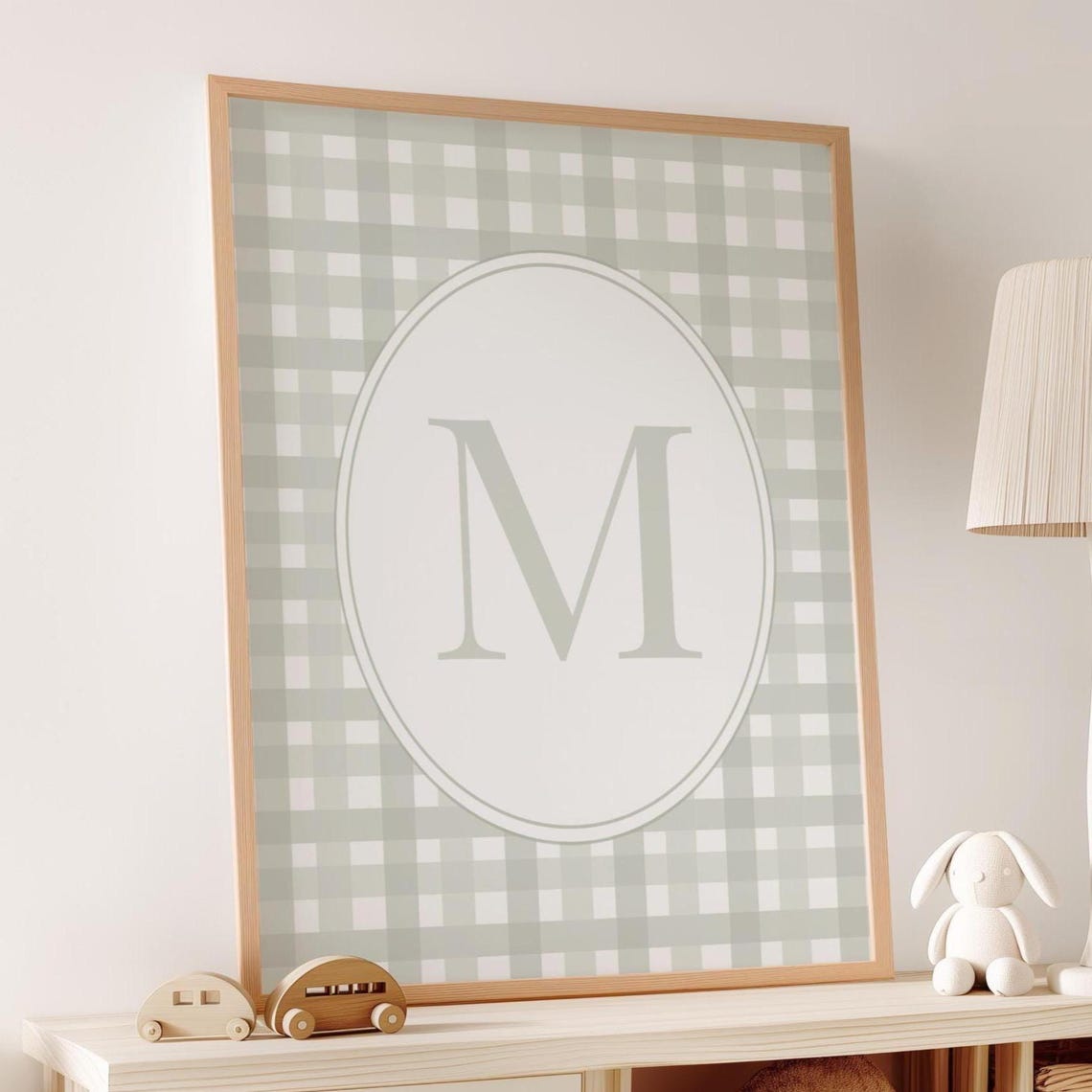 Sage Gingham Initial M Poster Personalized Neutral Nursery Decor
