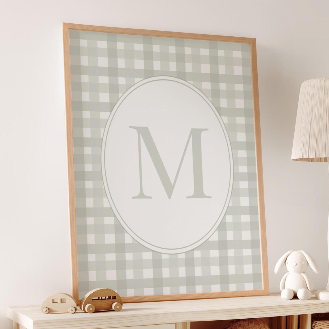 Sage Green Gingham Nursery Wall Art Genderneutral Custom Initial Decor Above Bed Sign Girl Or Boy First Name Letter