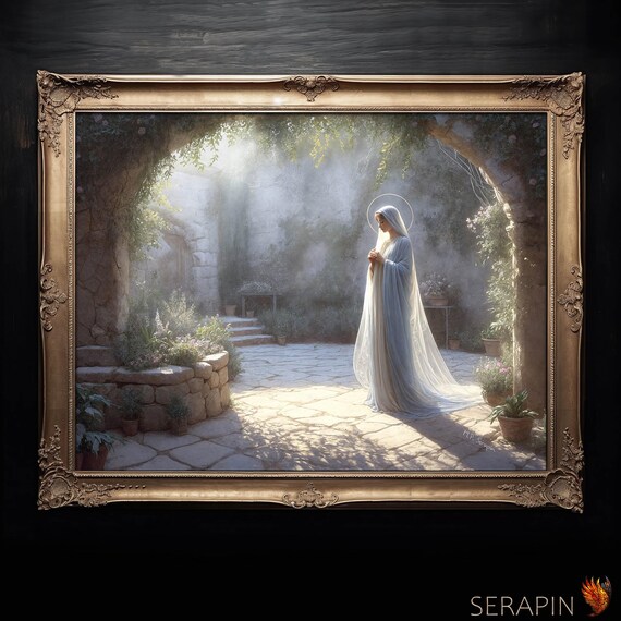 Marys Garden Virgin Mary Praying In Sunlit Stone Courtyard Catholic Poster