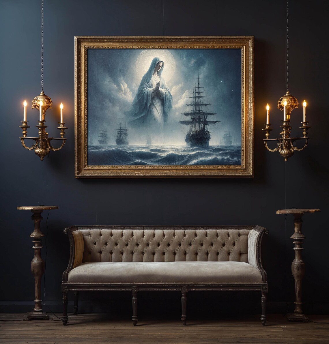 Stella Maris Star Of The Sea Moonlit Virgin Mary Over Tall Ships Stormy Sea Poster - Image 6