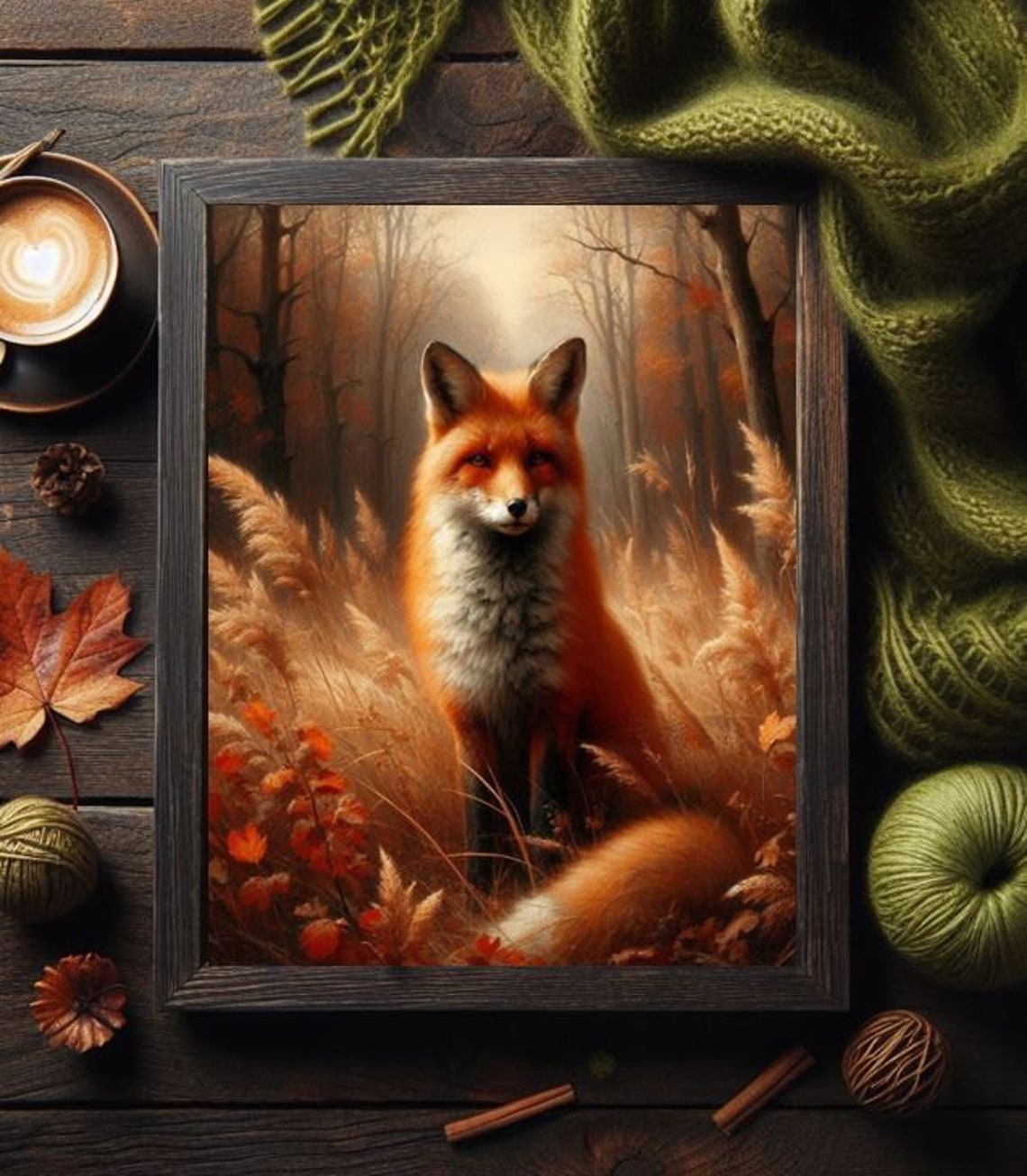 Red Fox In A Misty Autumn Forest Vintage Style Painting Print