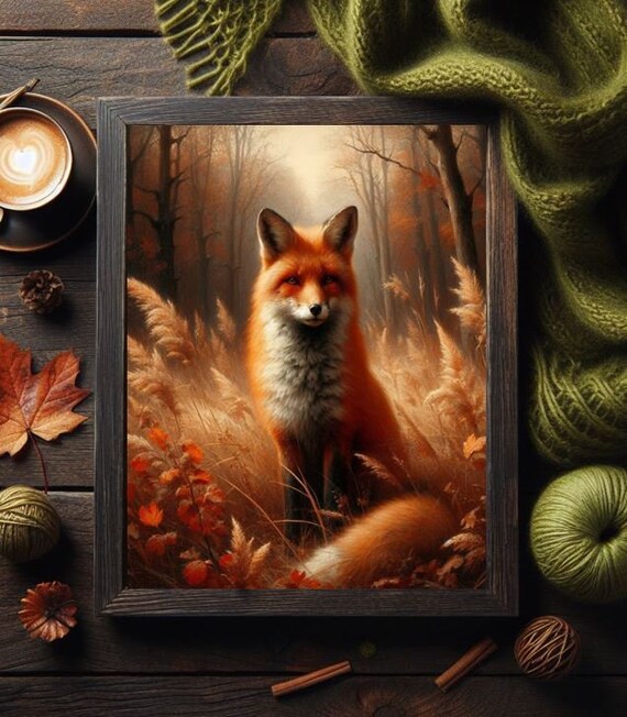 Red Fox In A Misty Autumn Forest Vintage Style Painting Print