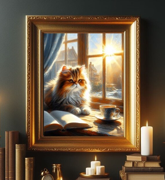 Fluffy Orange Cat with Open Book and Tea in Morning Sunlight Poster