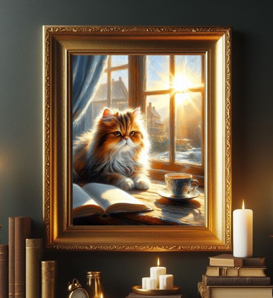 Fluffy Orange Cat with Open Book and Tea in Morning Sunlight Poster