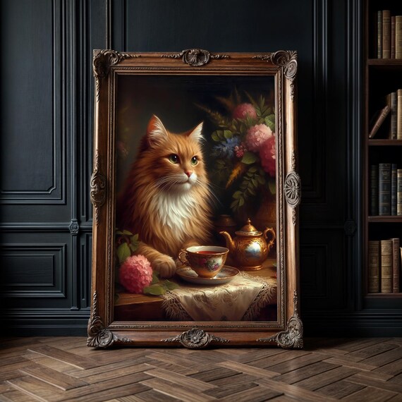 Fluffy Orange Cat At Afternoon Tea Table With Flowers Vintage Print