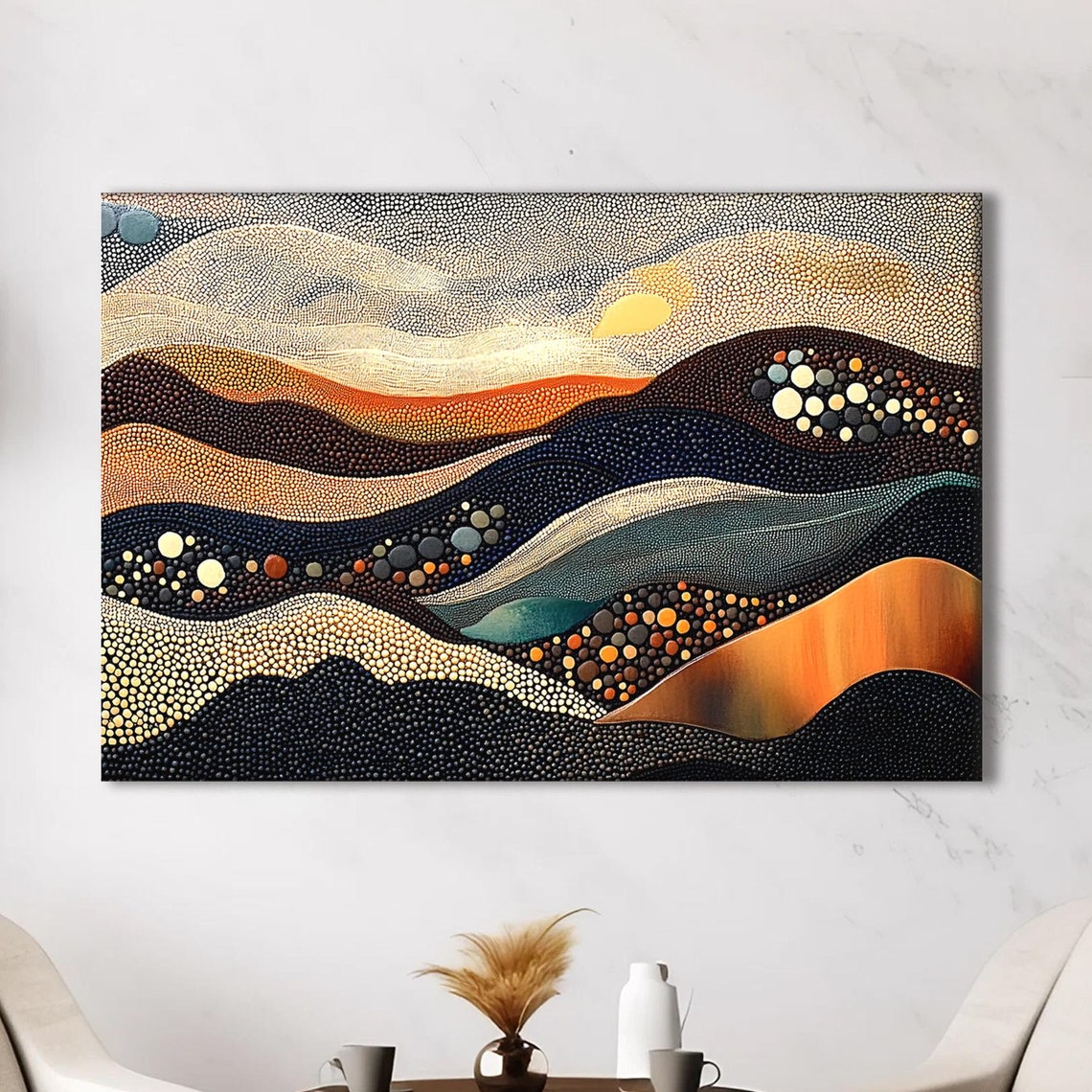 Aboriginal Dot Art Sunset Desert Hills Orange Black Landscape Poster - Image 4