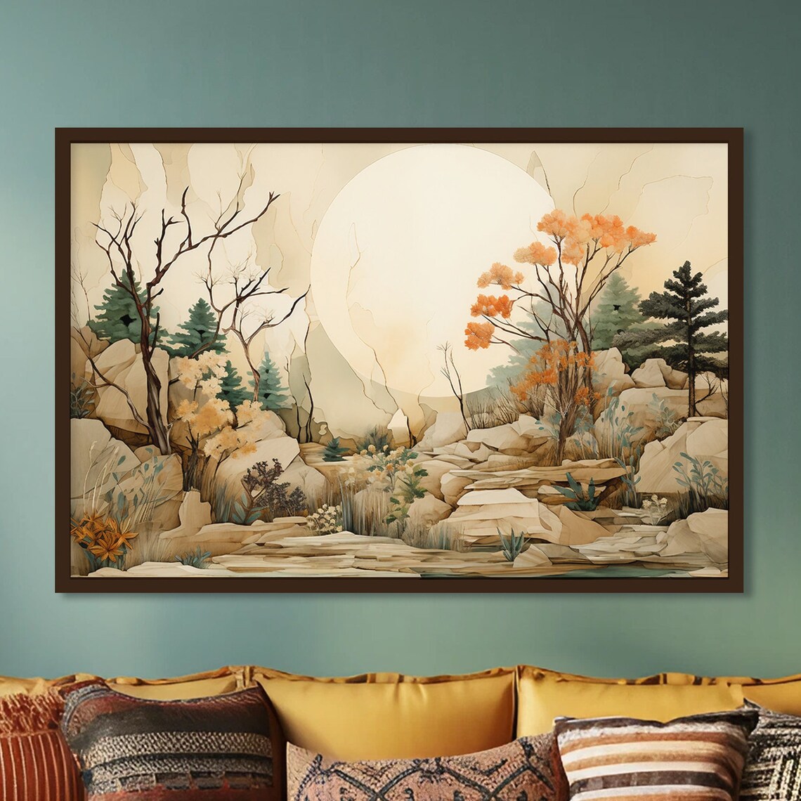 Neutral Japanese Style Rocky Landscape Pines Sun Beige Art Poster