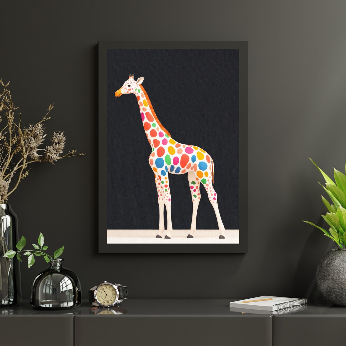 Colorful Polka Dot Giraffe Black Background Minimalist Safari Poster - Image 5