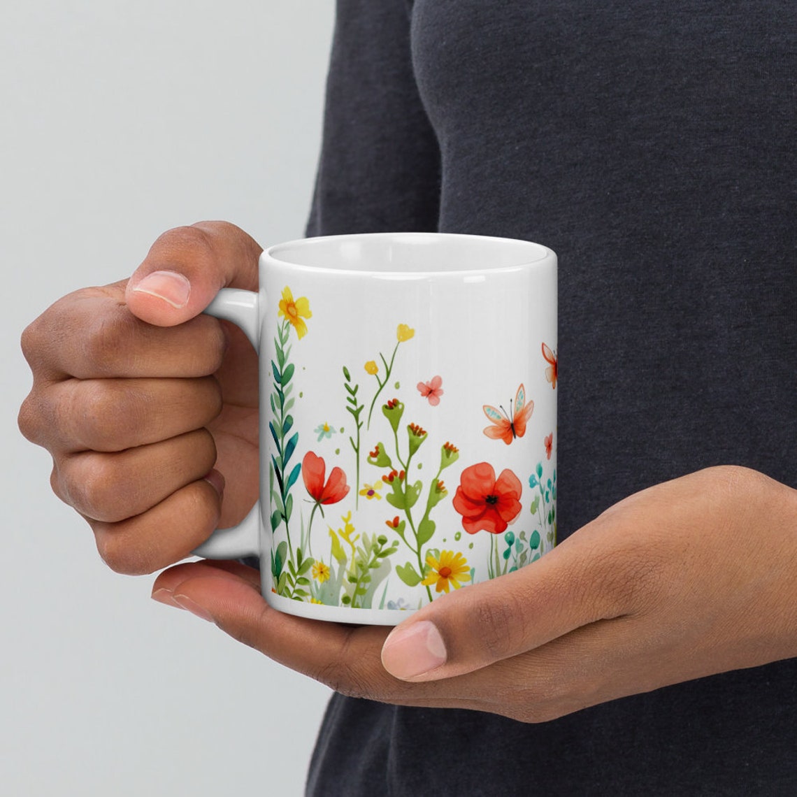 Floral Design Coffee Mug Colorful Wildflowers And Butterflies Illustration 11oz Ceramic Mug - Image 5