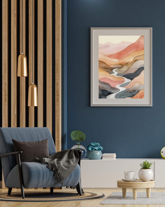 Watercolor Mountain River Scene Muted Landscape Art In Earthy Tones For Boho Wall Decor Or Vertical Display