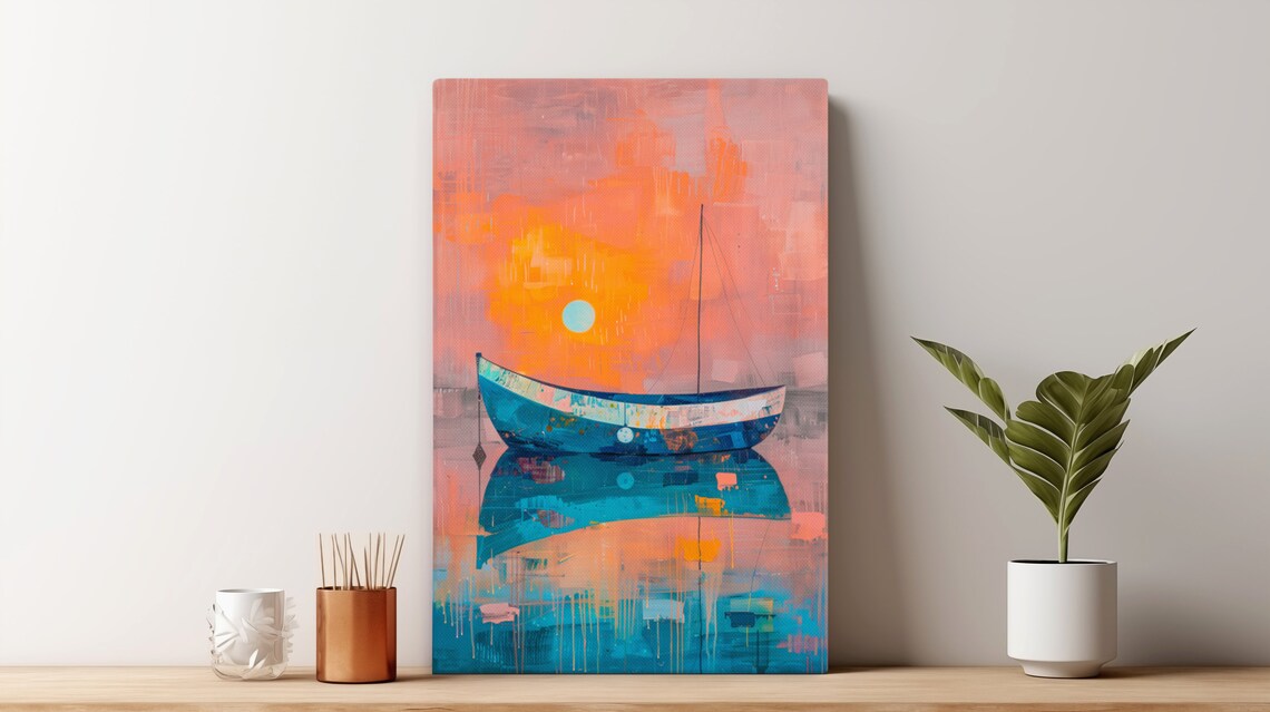 Abstract Expressionism Boat In Water Sunset Art Print