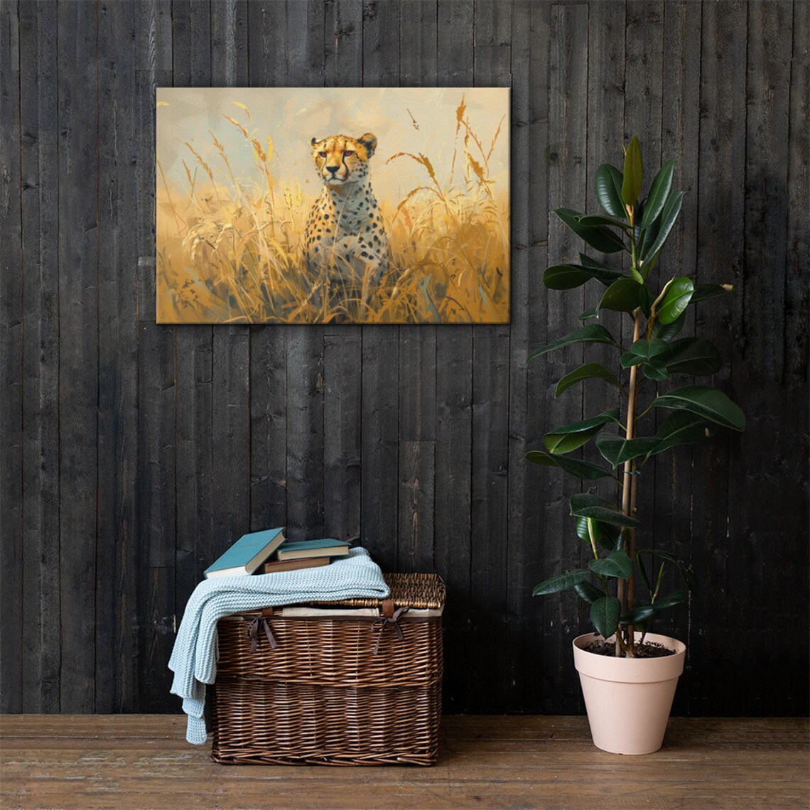 Savannah Cheetah In Golden Grass Wildlife Artistic Painting Poster - Image 5