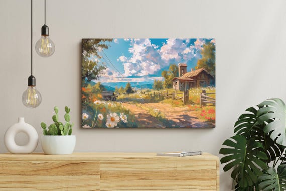 Peaceful Countryside Cottage Print Unframed Rustic Farmhouse Landscape Wall Art Country Road Scene Isolated House Decor
