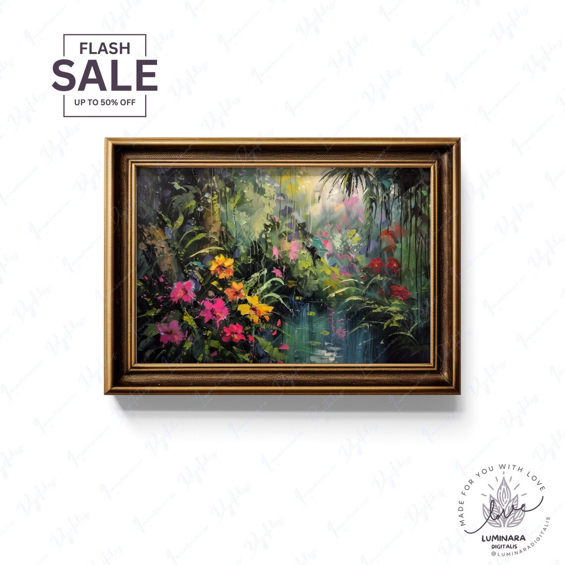 Tropical Hibiscus Blooms Glowing In A Lush Jungle Garden Art Print - Image 2