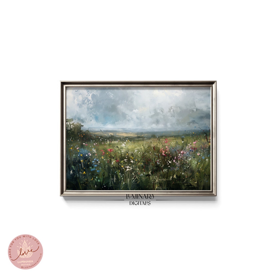 Rainy Wildflower Meadow Under Dramatic Cloudy Skies Art Poster - Image 5