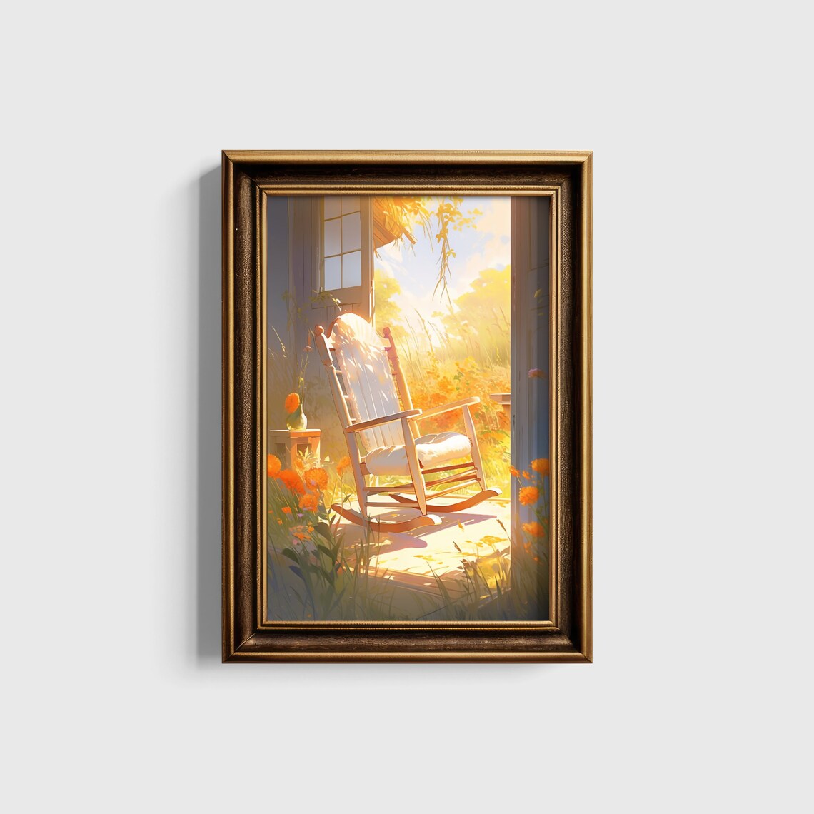 Sunlit Porch Rocking Chair Autumn Flowers Cozy Watercolor Poster - Image 5