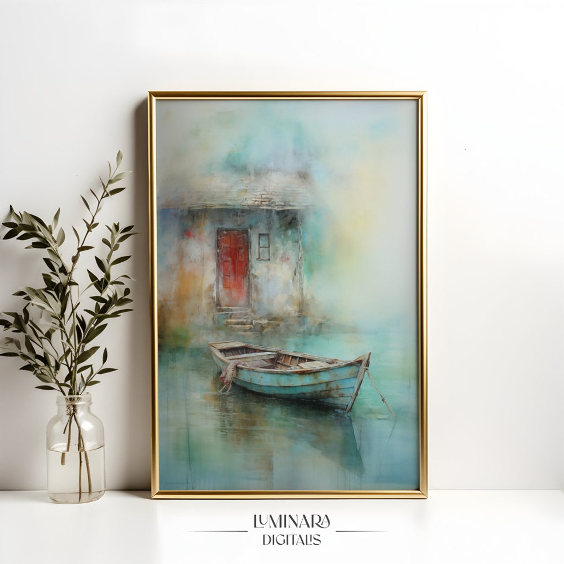 Weathered Rowboat Before A Red Door In Soft Harbor Mist Art Print - Image 4