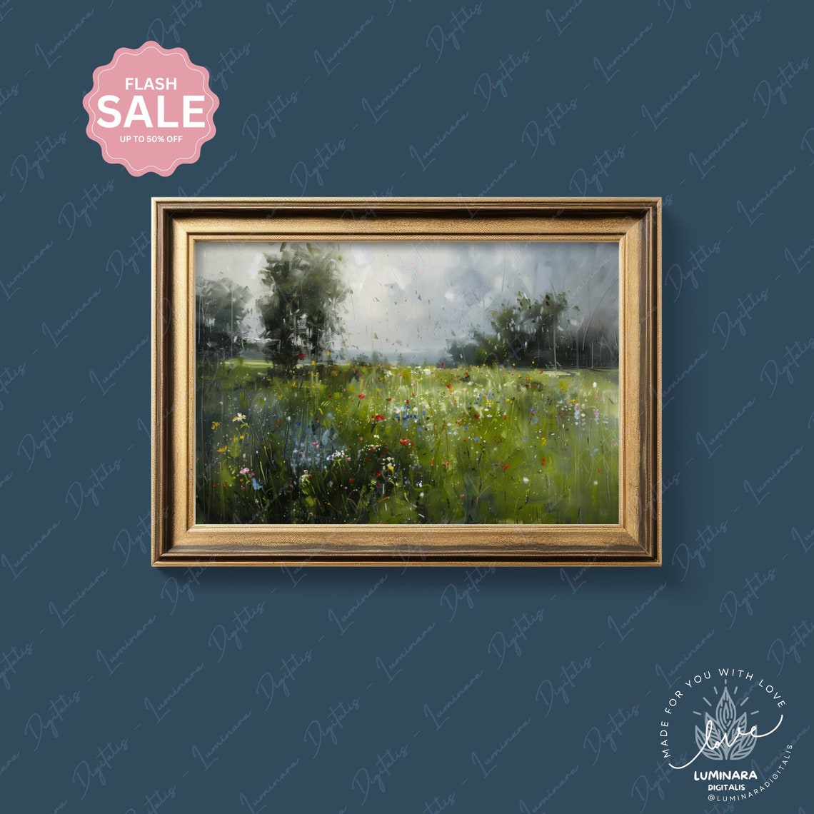 Rainy Meadow Wildflowers Under Misty Gray Skies Impressionist Poster - Image 4