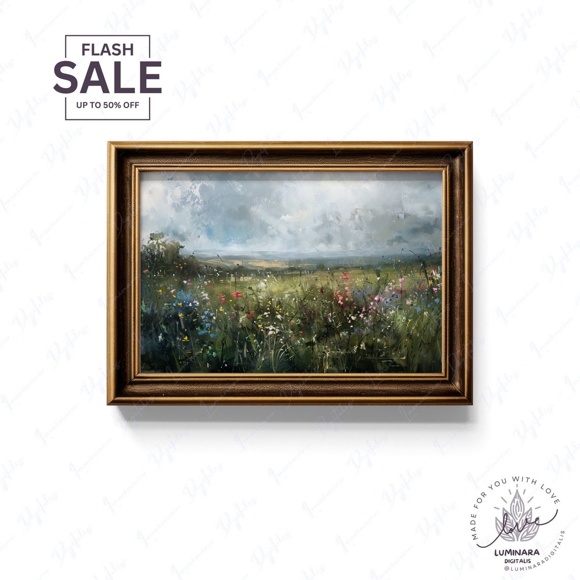 Rainy Wildflower Meadow Under Dramatic Cloudy Skies Art Poster - Image 2